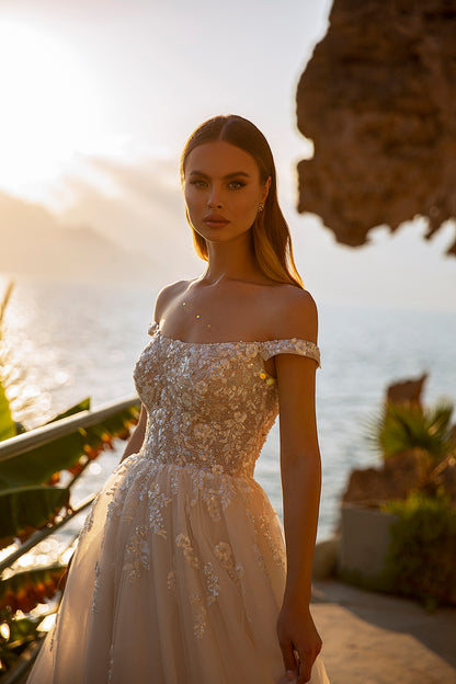 Off the shoulder a-line floral wedding dress