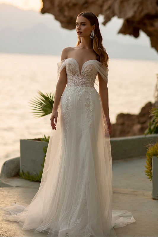 Off the shoulder embroidered a-line wedding dress