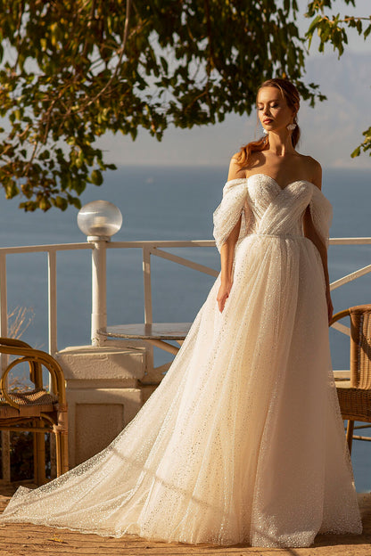 Off the shoulder a-line tulle wedding dress