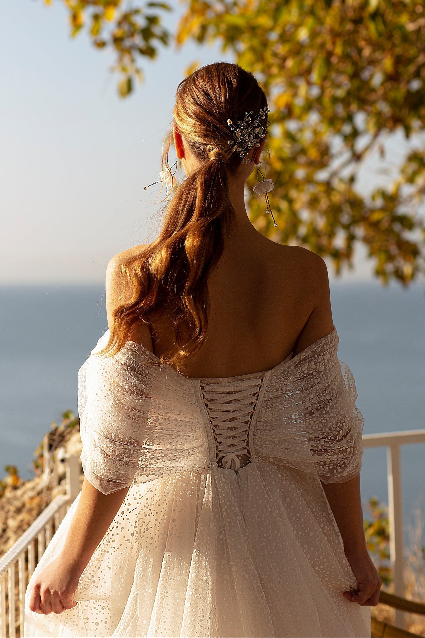 Off the shoulder a-line tulle wedding dress