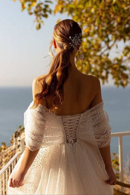 Off the shoulder a-line tulle wedding dress