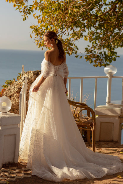 Off the shoulder a-line tulle wedding dress