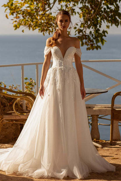 Off the shoulder embroidered corset a-line wedding dress
