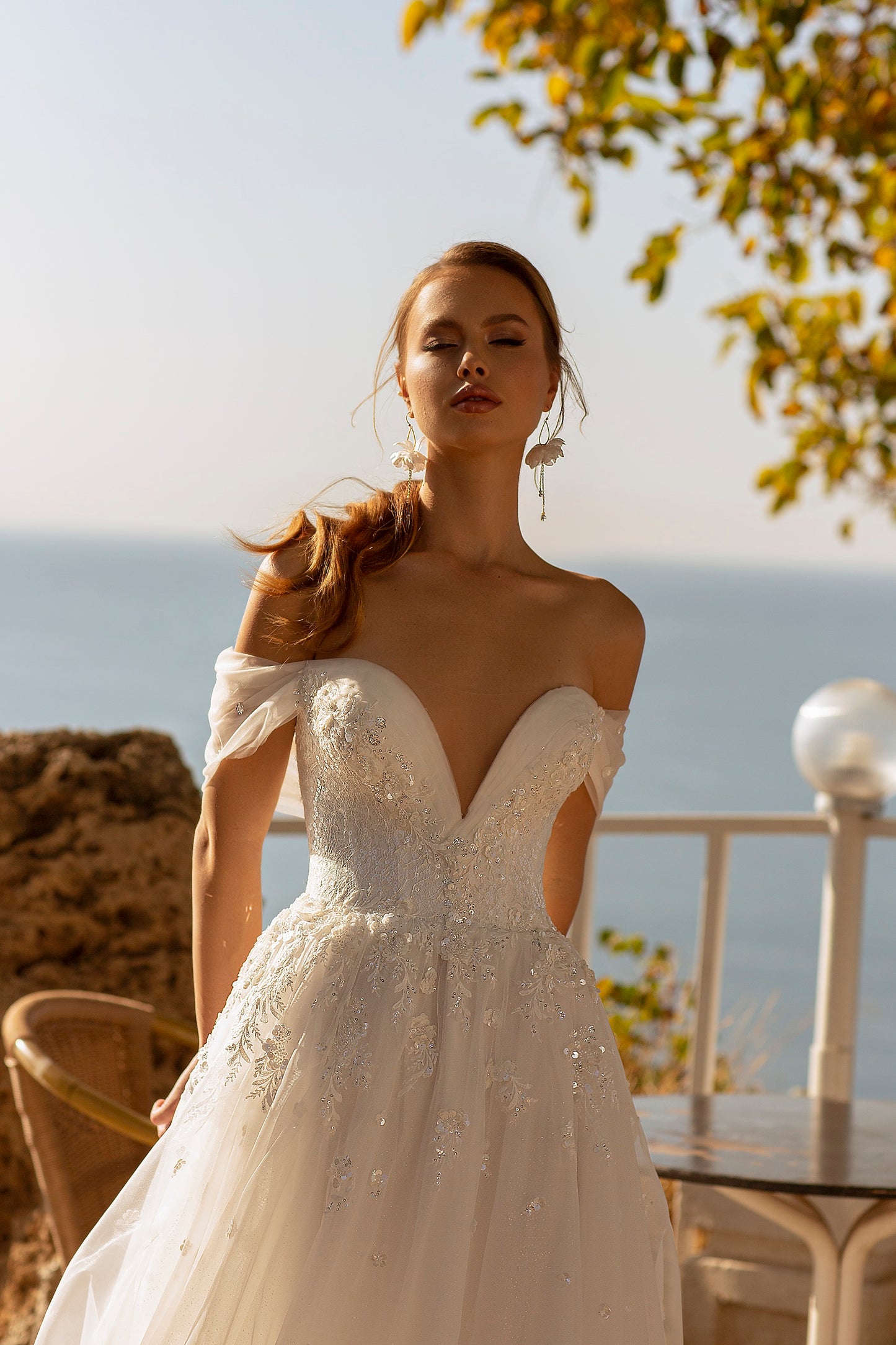 Off the shoulder embroidered corset a-line wedding dress