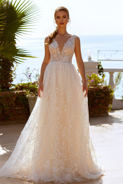 Floral lace a-line wedding dress