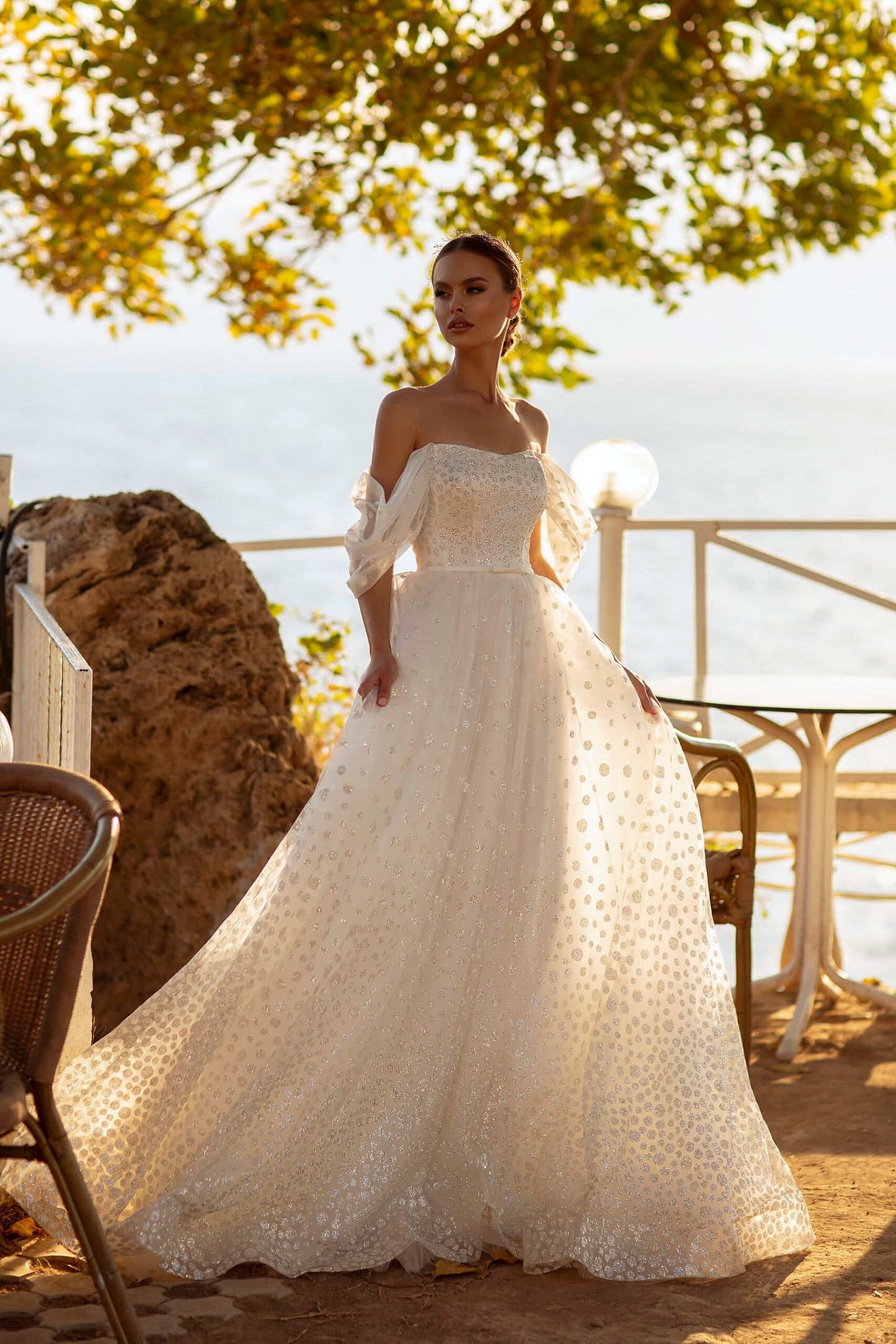 Romantic tulle off the shoulder wedding dress