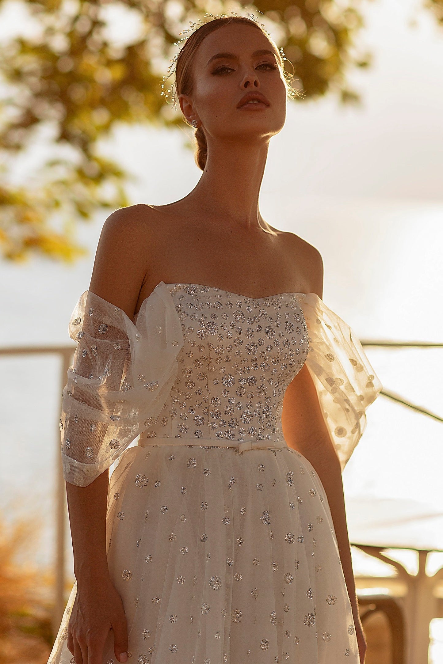 Romantic tulle off the shoulder wedding dress