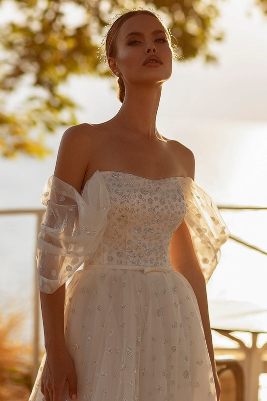Romantic tulle off the shoulder wedding dress