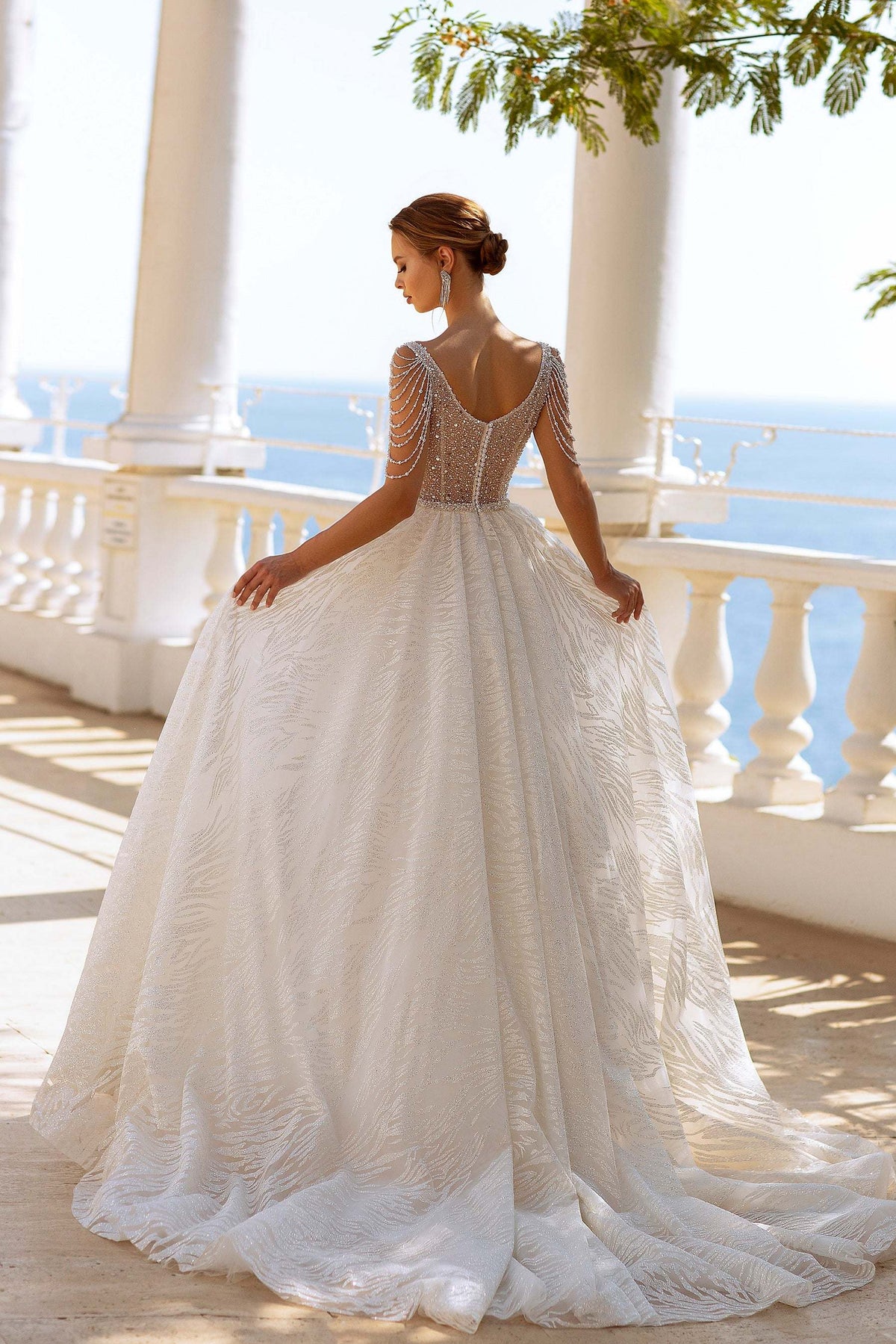 beaded shoulder wedding dress | Pearl reception dress shoulder neckline that gracefully