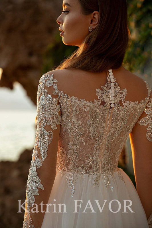 KatrinFAVORboutique-Long sleeve a-line wedding dress Embroidered wedding gown