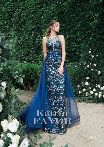 Sequin embroidered fitted prom dress long