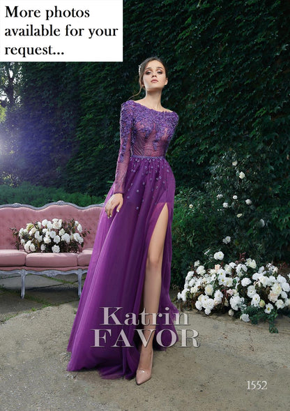 Embroidered long sleeve tulle prom dress long