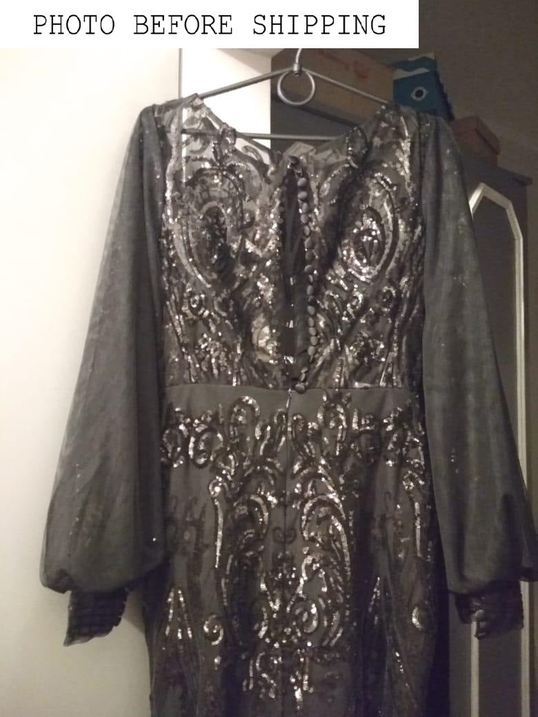 KatrinFAVORboutique-Black sequin long sleeve gown Designer lace dresses