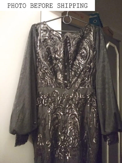 KatrinFAVORboutique-Black sequin long sleeve gown Designer lace dresses