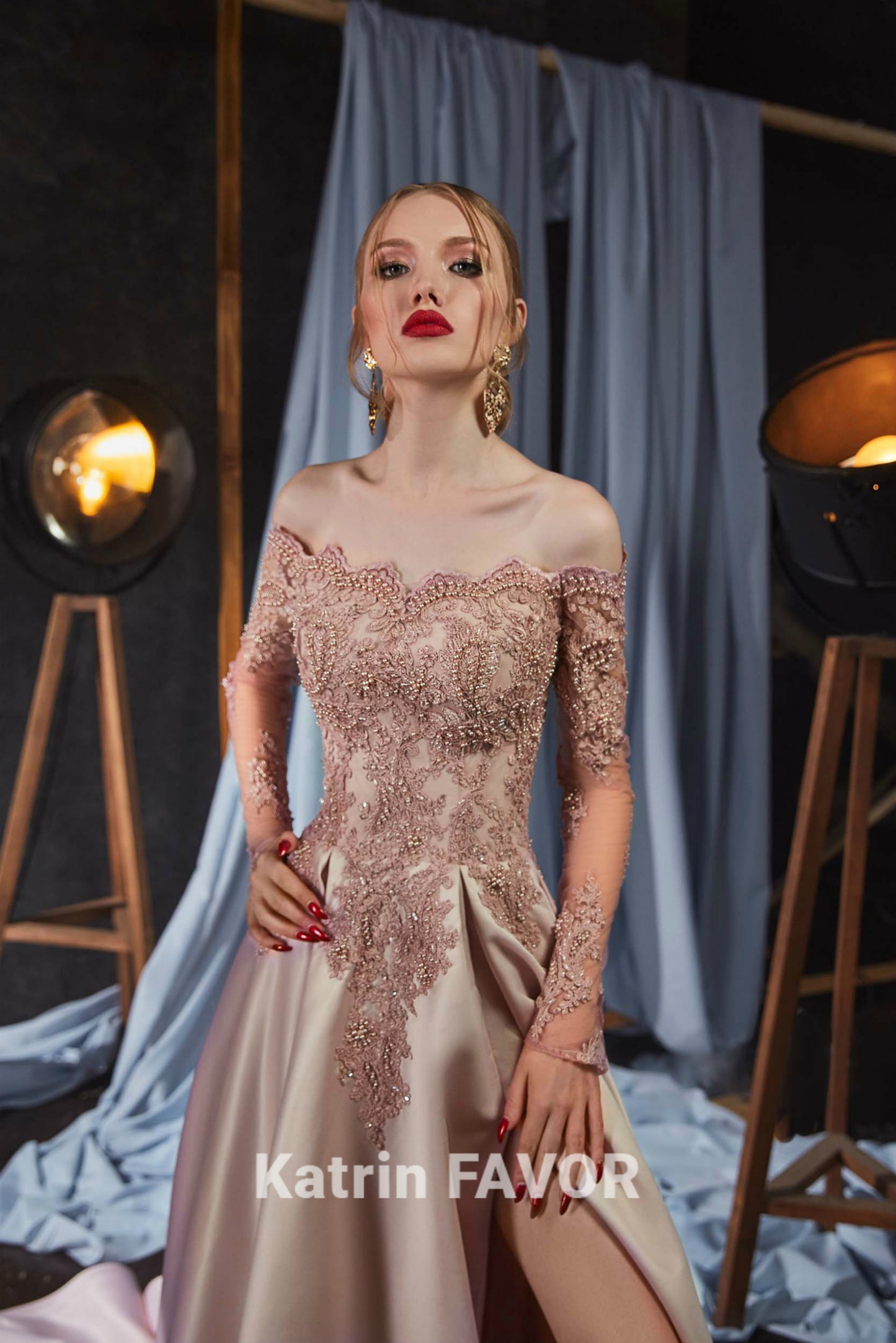 Off the shoulder long sleeve evening gown