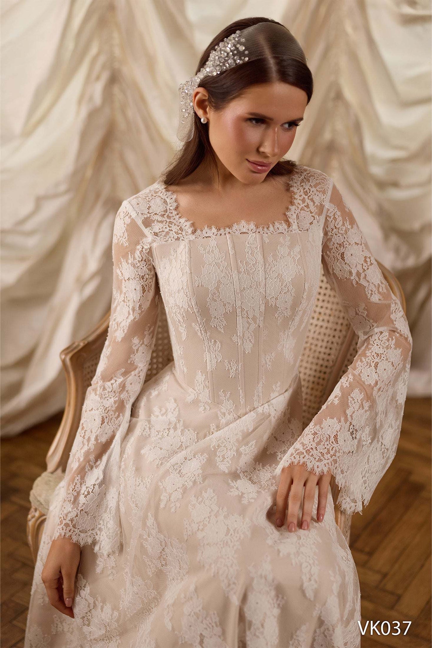 KatrinFAVORboutique-Tea Length Lace Wedding Dress – Romantic Long Sleeve Bridal Gown with Square Neckline