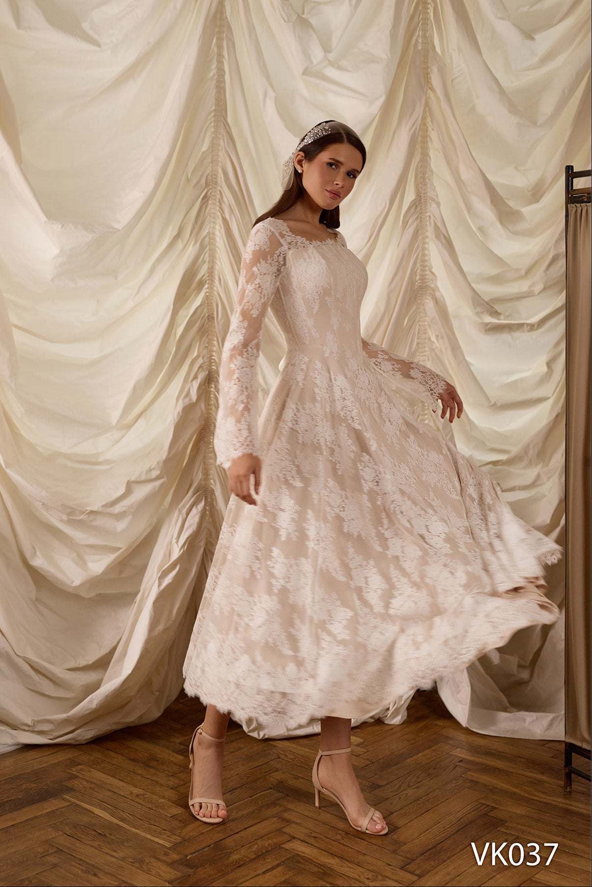 KatrinFAVORboutique-Tea Length Lace Wedding Dress – Romantic Long Sleeve Bridal Gown with Square Neckline