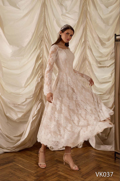 KatrinFAVORboutique-Tea Length Lace Wedding Dress – Romantic Long Sleeve Bridal Gown with Square Neckline